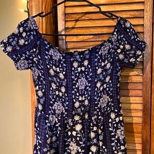 Off-the-shoulder blue floral ankle-length dress